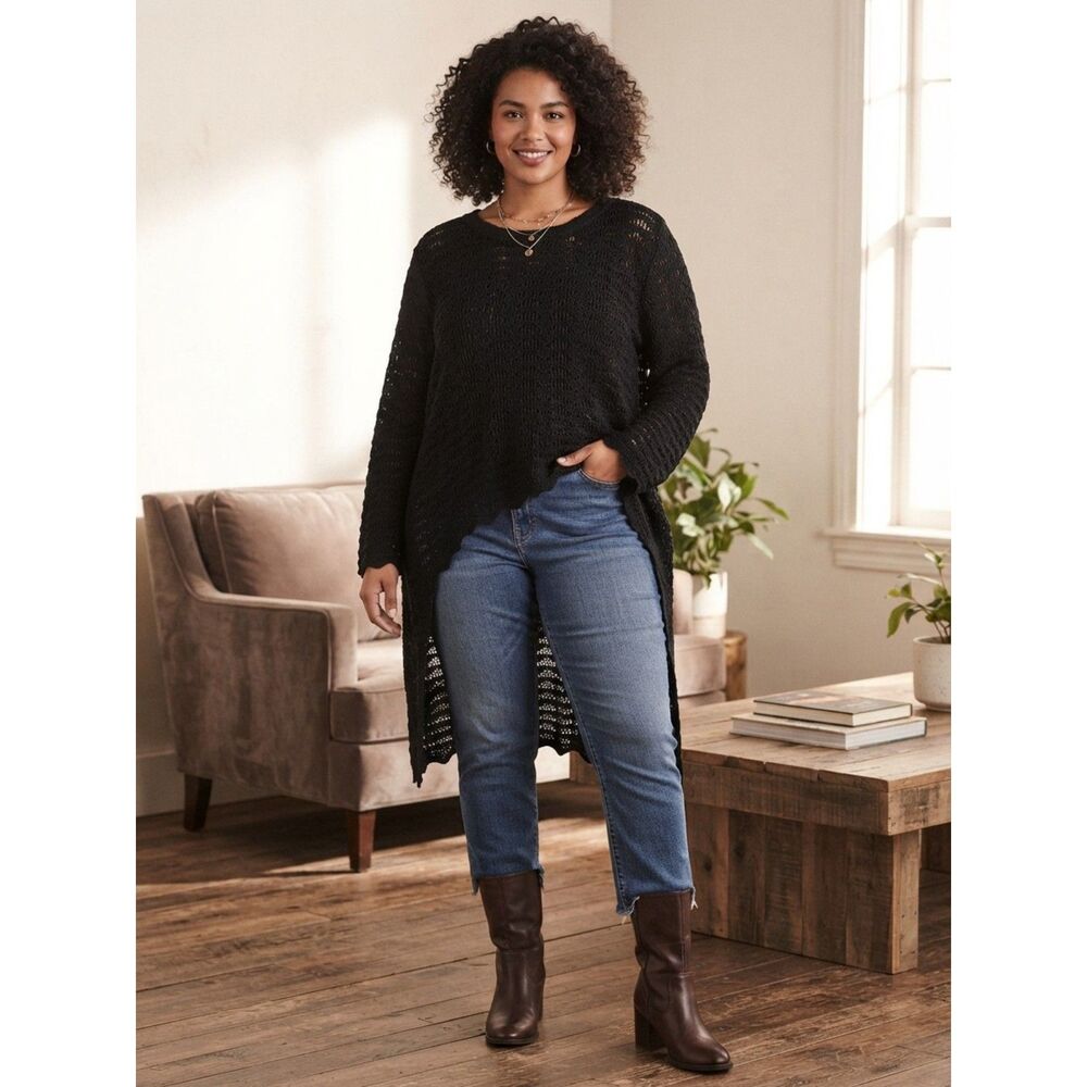 Black Knit crochet knit long sleeve sweater crew neck and high low hem XL Baggy